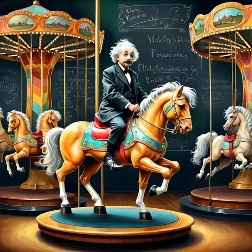 Prompt: (Art Deco style), (Carousel of Science), vibrant color scheme, painting of Albert Einstein, sitting on a carousel horse, chalkboard in the background, whimsical yet analytical ambience, highly detailed digital painting, ultrafine details, imaginative composition, dynamic contrasts, playful elements, captivating atmosphere, influences of Albert Kotin, celebration of science and creativity, HD quality.