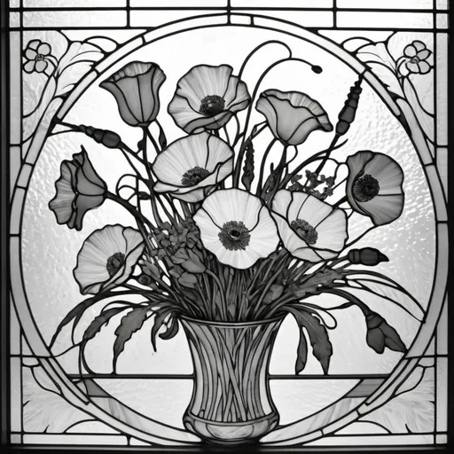 Prompt: A Seven Wonders Art Glass Studio Art Nouveau designed stained glass window with poppy flowers and a line drawing of flowers in the middle, Alfonse Mucha, art nouveau, line art, lineart.  (Honoring the Aeon of Horus).