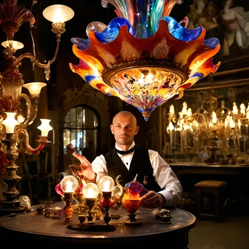 Prompt: (Baroque style) Glass Artisan and Magician, (vibrant colors), man wearing a magical top hat, carefully constructing enchanting magical lights in an intricate chandelier. Lush workshop setting, blending the magic of the real world with Murano’s artistry, (Venice), surrounded by stunning glass artworks, dramatic shadows, and a cozy ambiance, (ultra-detailed).