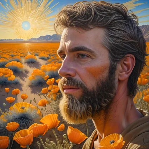 Prompt: A Seven Wonders Art Glass Studio portrait oil painting of a man with a beard in middle of Mojave Desert peak Poppy bloom season. Honoring Nuit