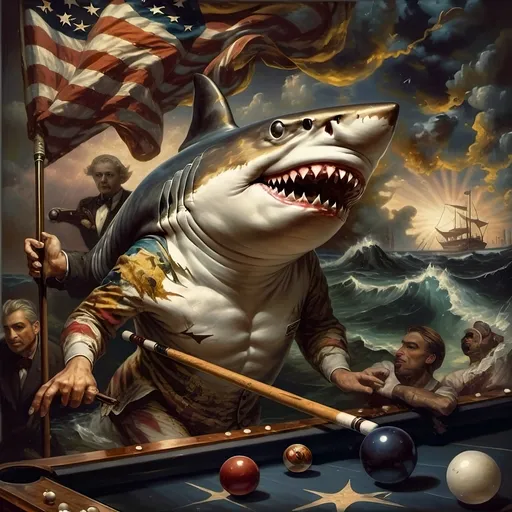 Prompt: (shark in a suit playing pool), (pool cue and ball in front), F. Scott Hess style, pop surrealism, classical painting, (younger and bolder color tones), (highly detailed), dreamy ambiance, intricate textures and reflections, juxtaposition of elegance and playfulness, fine art masterpiece, inspired by 7 Wonders Art Glass Studio, honoring Nuit, ultra-detailed, 4K.