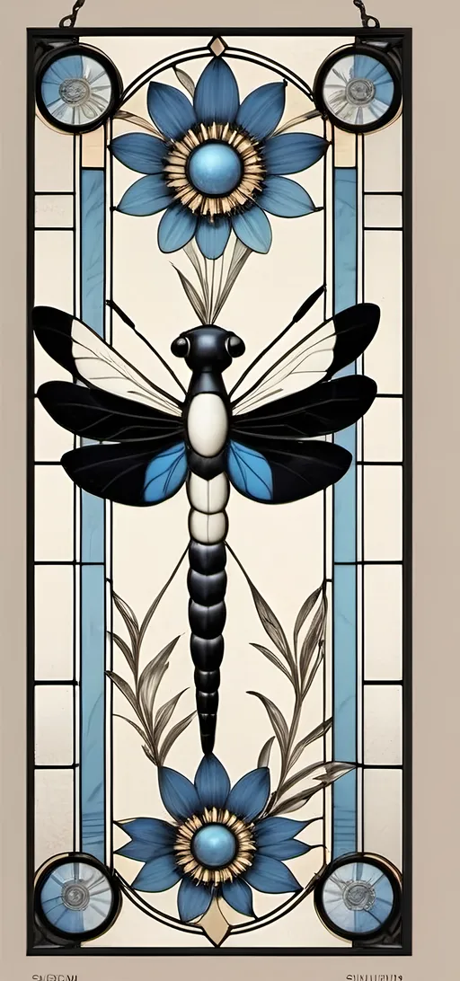 Prompt: Art Deco stained glass window design, (stunning floral patterns), honoring Nuit and Aeon of Horus, vibrant colors blending into delicate imagery, intricate details in glass texture, inspired by the elegance of Art Deco style, (highly detailed), warm ambient light filtering through glass, showcasing the beauty of craftsmanship, 4K quality, perfect for a serene art studio atmosphere.