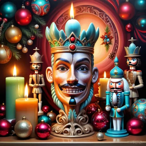 Prompt: (nutcracker), (candle and candle holder), surrounded by (Christmas decorations), (psychedelic art style), (vibrant color scheme), (extremely detailed), (oil painting), (airbrush painting), inspired by (Anne Stokes), (pop surrealism), dynamic patterns and textures, warm and festive ambiance, high-quality artistry, rich hues melding into each other, whimsical elements drawing viewers in, enchanting holiday spirit, magical atmosphere.