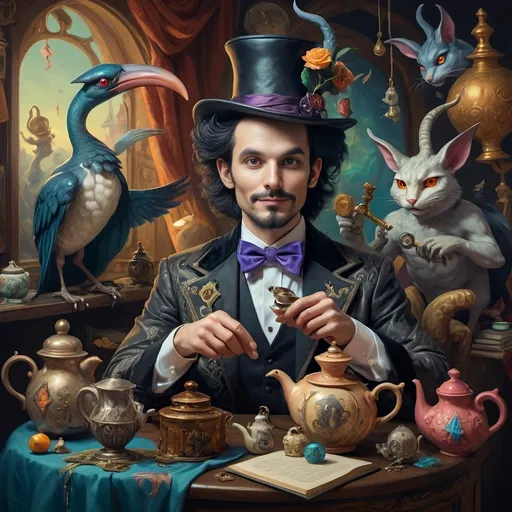 Prompt: (vibrant psychedelic still life), portrait of a magician jack-in-the-box man, surrounded by whimsical teapots and enchanting magical items, coming to life, playful ambiance, lively colors, an open book in front of him, surrealistic elements, dreamlike atmosphere, richly detailed background, (spectacular color gradients), ultra-detailed, eye-catching composition, high-quality artwork.