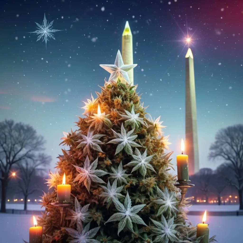 Prompt: a marijuana flowering bud decorated as a christmas tree with candles and a star above it with a snowy landscape in the background and a lit candle with Washington monument