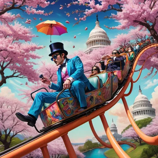 Prompt: A man in a top hat and sunglasses in a roller coaster with cherry blossoms in the background and a capitol building in the background, David LaChapelle, psychedelic art, highly detailed digital painting, an ultrafine detailed painting