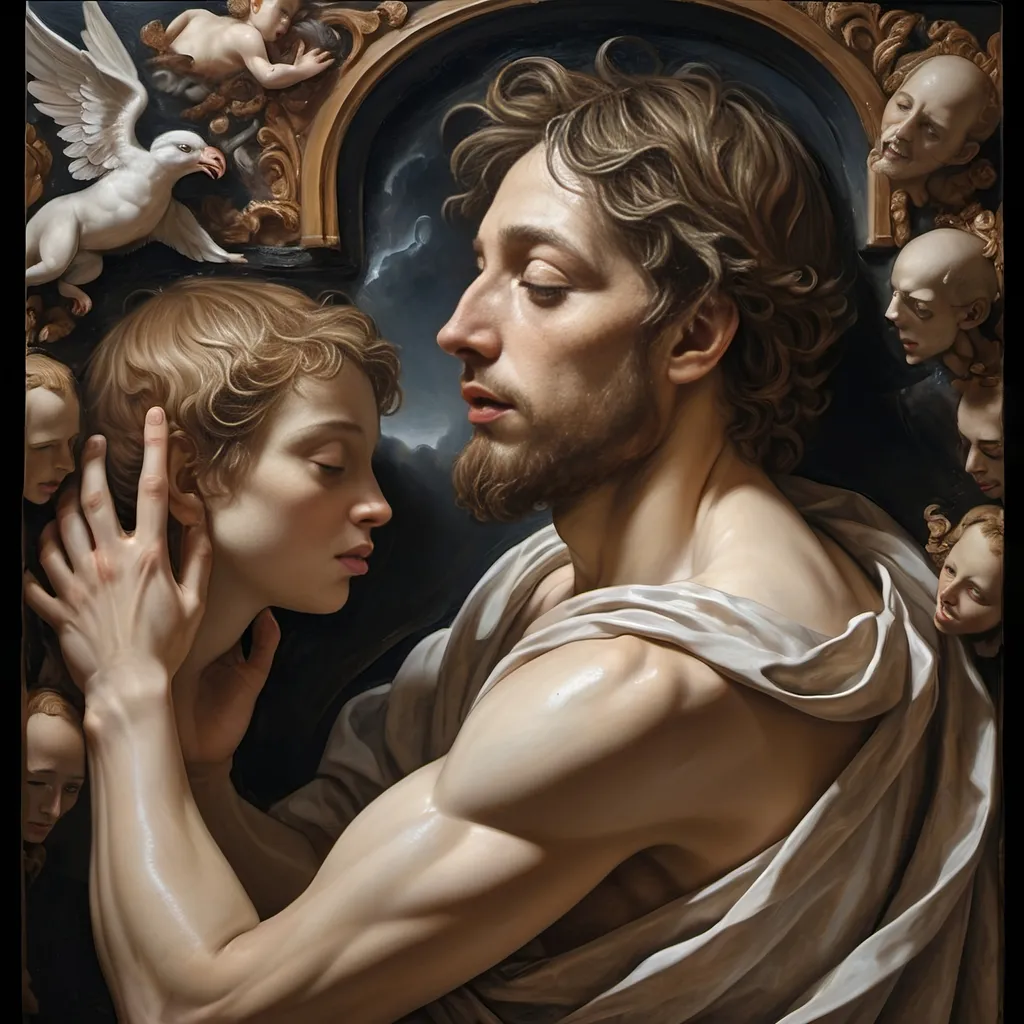 Prompt: Renaissance oil mural, (dark color scheme), close-up still life of Adam with (face cracking like broken porcelain), ethereal atmosphere, (God) depicted above, transitioning moments of (Adam saying goodbye), spirits escape into the void, intricate textures, dramatic chiaroscuro highlights, capturing profound emotion, striking contrast, atmospheric depth, ultra-detailed, masterpiece quality, conveys a sense of liberation and sorrow.