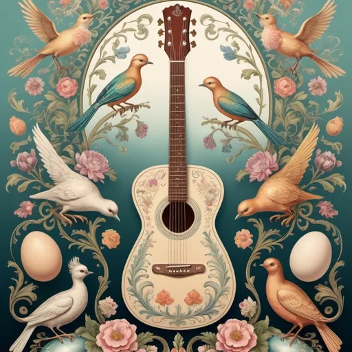 Prompt: (artstyle-renaissance) poster design, (pastel color scheme), centerpiece guitar, surrounded by decorative elements, exquisite eggs, (delicate birds), vibrant flowers, inspired by Ernst Haeckel, rich folk art details, (elaborate) design touches, influences of Flemish Baroque, (elegant composition), soft lighting, (ethereal vibe), ultra-detailed, high quality