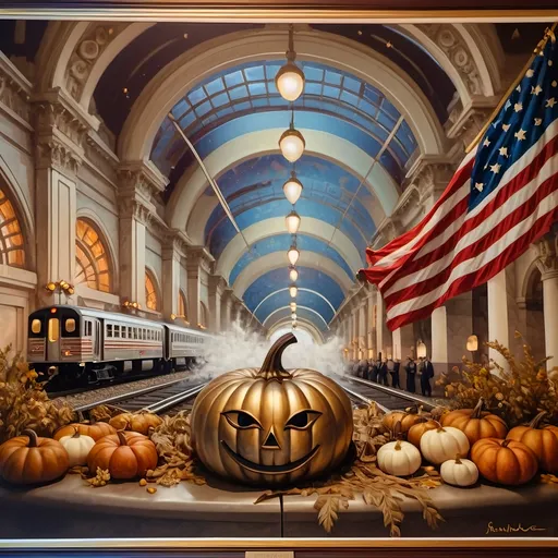 Prompt: (painting of (Honoring Nuit) with Union Station, Washington D.C.), (psychedelic style), (dark color scheme), (patriotic ambiance), Fall Equinox theme, pumpkins scattered artistically, train on tracks, large flag fluttering, ultra-detailed still life, reminiscent of museum quality, Renaissance and Baroque influences, rich textures, layered brushwork, evocative lighting, captivating composition, 4K quality.