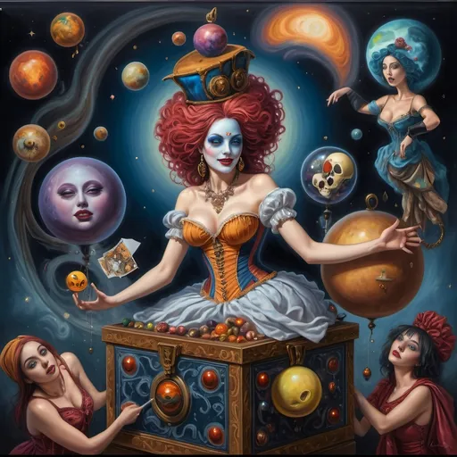 Prompt: (Renaissance oil painting), a stunning masterpiece capturing the essence of the Goddess Nuit, a whimsical Jack-in-the-Box emerging in ornate attire, sewing the seeds of the universe, planets swirling around, vibrant cosmic colors illuminating the canvas, intricate details, rich textures, playful yet profound ambiance, 4K ultra-detailed, an extraordinary blend of mythology and creativity celebrating the act of creation in a mystical setting.