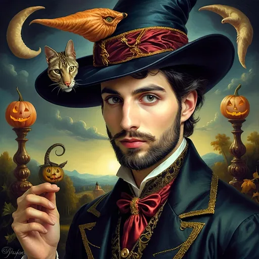 Prompt: (honoring Nuit), captivating handsome man magician with an elegant beard, wearing a pointed witch hat, (renaissance baroque painting style), facial features highlighted in detail, dark mystical background that enhances the allure, rich deep colors creating dramatic contrast, elements of Halloween celebration subtly interwoven, inviting an atmosphere of enchantment and mystery, ultra-detailed, a captivating masterpiece.