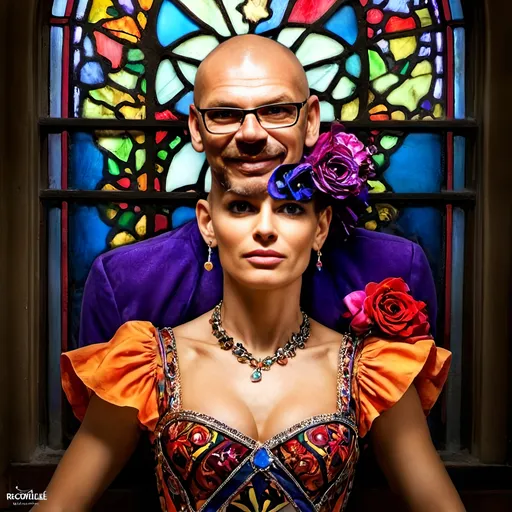 Prompt: a woman with a colorful dress and flowers in her hair and a stained glass window behind her is a stained glass window, David LaChapelle, rococo, promotional image, a character portrait