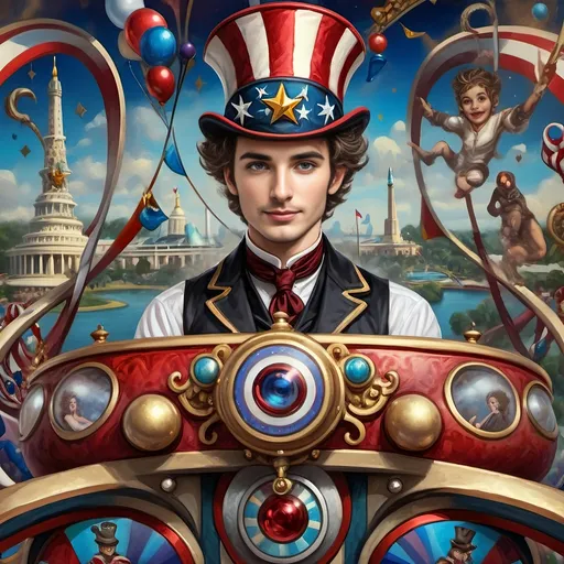 Prompt: (Acrylic painting of a magician man), wearing a (patriotic top hat), joyfully riding a (whimsical rollercoaster) in Liberty Park, with (HD details), vibrant colors, and enchanting motifs. The scene features the (Washington Monument) in the background, as well as the phrase (accurately spelled text "Yankee Doodle"). An aura of celebration and magic surrounds the image, honoring Nuit and the Aeon of Horus.