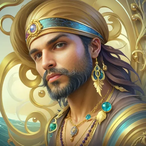 Prompt: a 7 Wonders Art Glass Studio oil painting (honoring Nuit) of a Caribbean pirate with a beard and a headdress on his head and a necklace on his neck, Alejandro Burdisio, qajar art, highly detailed digital painting, a photorealistic painting