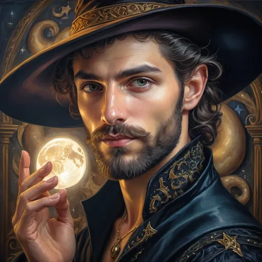 Prompt: (honoring Nuit), moon and stars) captivating handsome man magician, pointed witch hat, facial features highlighted, elegant beard, (renaissance baroque painting style), dark mystical background, rich deep colors with dramatic contrast, elements of Halloween celebration in still life arrangement, enigmatic ambiance, intricate shadows and light, (highly detailed), evoking intrigue and enchantment.