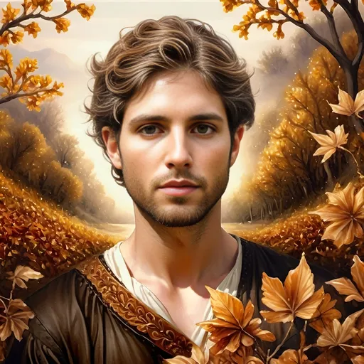 Prompt: (Renaissance style), (dark color scheme), painting of nature as a woman, flowing dress, delicate fabric, intricate details, butterfly in her hair, serene expression, surrounded by autumn leaves, rich browns and deep golds, ethereal atmosphere, soft, glowing light filtering through, capturing the essence of the Autumn Equinox, ultra-detailed, high-quality artwork.