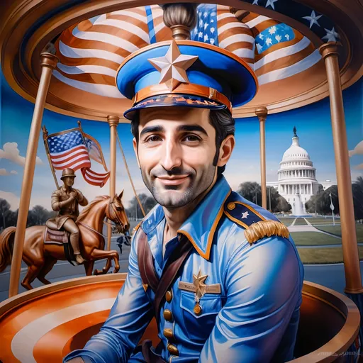 Prompt: (A Seven Wonders Art Glass Studio), oil renaissance painting, (vibrant colors), a man in military uniform, proudly riding on a Carousel of Heroes, surrounded by gracefully carved horses, soft, glowing ambiance, honoring veterans and those serving in the U.S. Military, warm golden lighting, intricate details in the uniform, carousel with richly adorned decorations, respectful atmosphere, high quality, ultra-detailed.