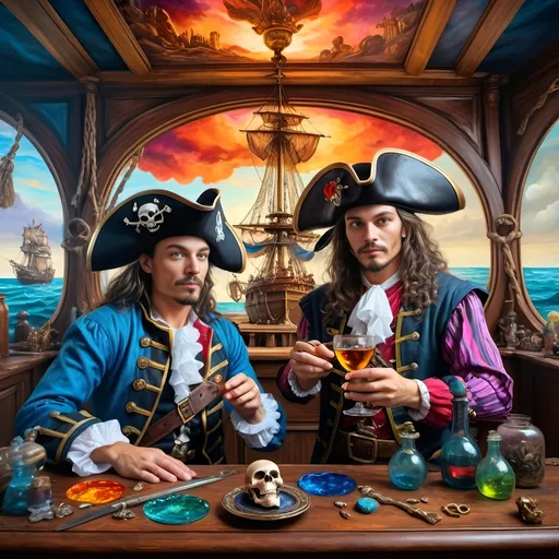 Prompt: (7 Wonders Art Glass Studio) Renaissance (oil painting) masterpiece, capturing the essence of honor and adventure, featuring a detailed portrayal of a pirate man and his lover dressed in Conquistador-era pirate costumes, gracefully posed in front of a majestic ship adorned with a skull, vibrant colors, dramatic lighting, highly detailed, fantastical elements, inspired by David Macaulay, showcasing the rich textures of oil paint, true artistry.