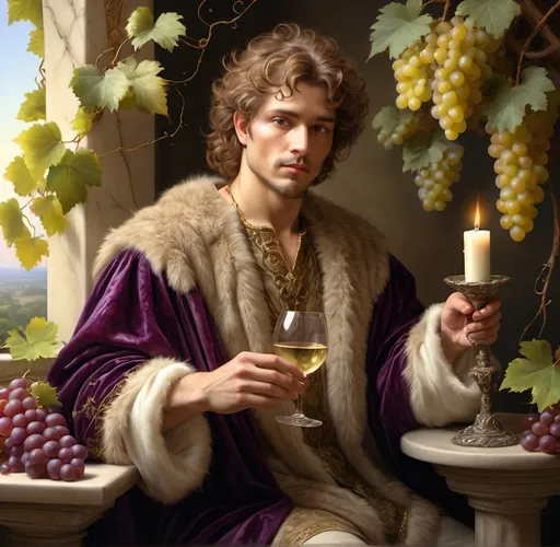 Prompt: (renaissance style painting) Bacchus as a man, holding a glass of wine and candle, draped in rich fur clothing, adorned with grape vines, soft pastel colors, intricate details, (highly detailed digital art), (Donato Giancola inspired), baroque influences, lush grape clusters surrounding him, soft and warm ambiance, subtle lighting, luminous highlights, exceptional depth, exquisite craftsmanship, ultra-detailed, digital rendering.