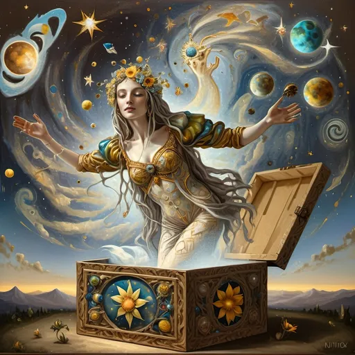 Prompt: (oil painting) a stunning masterpiece, (Renaissance), surreal depiction of the Goddess Nuit represented by a Jack-in-the-Box, intricately dressed, emerging from a beautifully designed box, (cosmic themes) sewing the seeds of the universe, embellishing the scene with vibrant planets and celestial bodies, breathtaking colors, whimsical atmosphere, elaborate details, ultra-detailed, 4K quality.