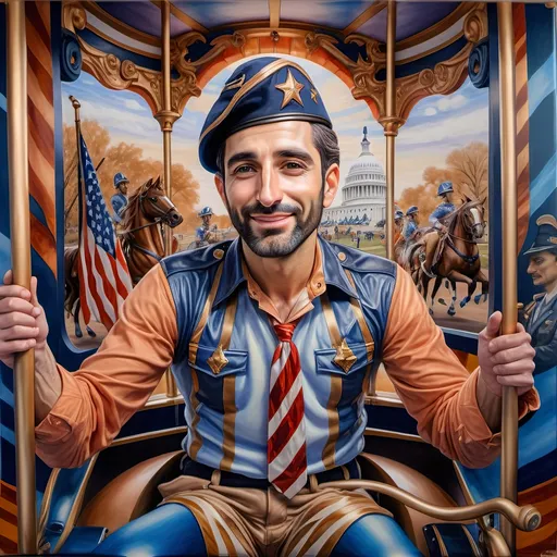 Prompt: (A Seven Wonders Art Glass Studio), oil renaissance painting, (vibrant colors), a man in military uniform, proudly riding on a Carousel of Heroes, surrounded by gracefully carved horses, soft, glowing ambiance, honoring veterans and those serving in the U.S. Military, warm golden lighting, intricate details in the uniform, carousel with richly adorned decorations, respectful atmosphere, high quality, ultra-detailed.