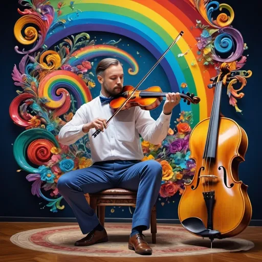 Prompt: (Hearing in Color), art deco style, vibrant color scheme, (complex rainbow swirl) background, painting of a man playing violin, intricate items surrounding him, (renaissance still life) elements, (music flowing as a rainbow), dynamic movement, mixing visual art with sound, hyper-detailed, rich textures, cinematic ambiance, enchanting atmosphere, (4K ultra-detailed quality), colorful symphony of sight and sound.