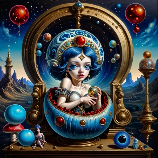 Prompt: (7 Wonders Art Glass Studio masterpiece), oil painting, (honoring Nuit), magical mushroom, blue shell, blue eye (Eye of Horus), vibrant colors, dreamy atmosphere, intricate details, mystical background with swirling galaxies, ethereal glow illuminating the mushroom, (ultra-detailed), high quality, enchanting and enchanting ambiance.