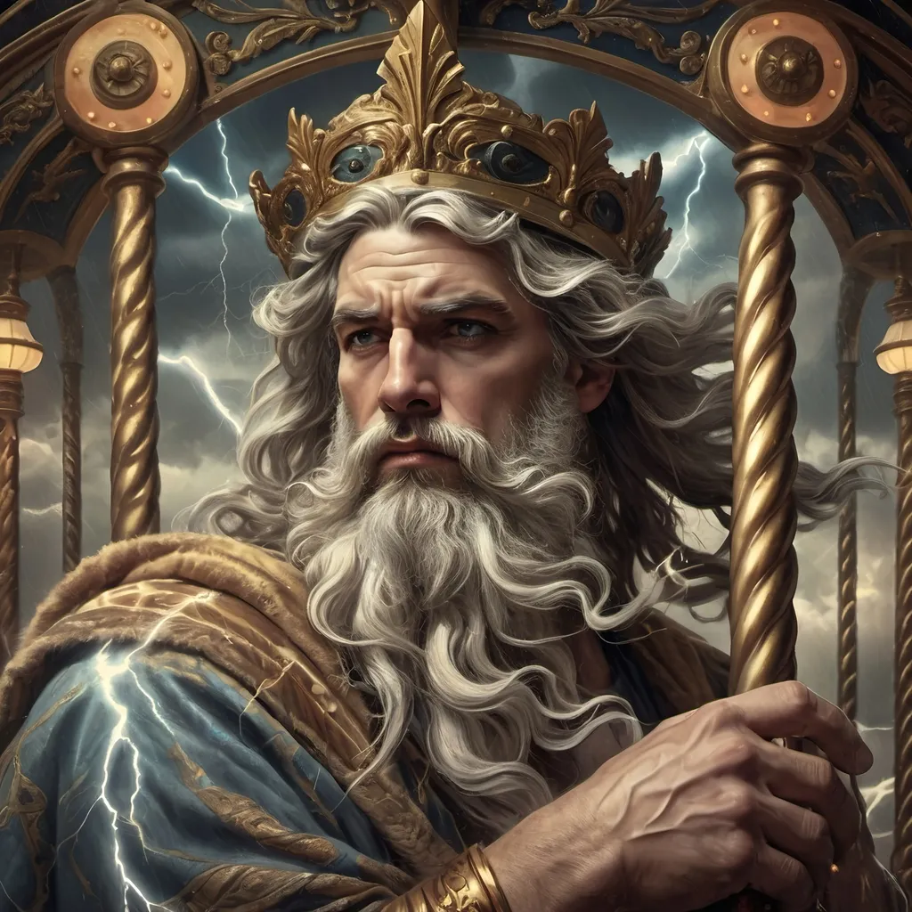 Prompt: (Art Deco style), richly (dark color scheme), depicting Zeus, a bearded man, wearing a crown, holding a pole on a carousel, dramatic (lightning in the background), (fantasy art), (highly detailed digital painting), a masterpiece by Bastien L. Deharme, atmospheric, immersive, captivating details, exquisite textures, ultra-detailed portrait, cinematic depth, electrifying ambiance.