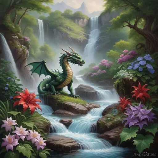 Prompt: a painting of a stream with a dragon flying over it and a waterfall in the background with flowers and plants, Anne Stokes, fantasy art, thomas kindkade, a fine art painting