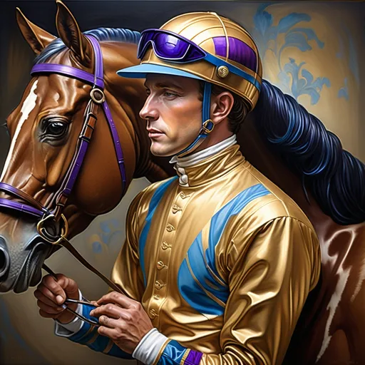 Prompt: A Seven Wonders Art Glass Studio portrait painting of a horse jockey and his horse at the Kentucky Derby.  Renaissance period with Art Deco style attire and style.   a painting honoring Nuit in colors of azure, gold, and purples.