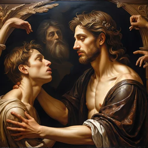 Prompt: Renaissance oil mural (The Creation), (dark color scheme), up-close still life of Adam, face cracking like broken porcelain, intricate details, God in the scene, emotional farewell, Adam saying goodbye, spirits set free, dramatic lighting, atmospheric ambiance, textured brush strokes, high depth, captivating composition, masterful artistry, HD.