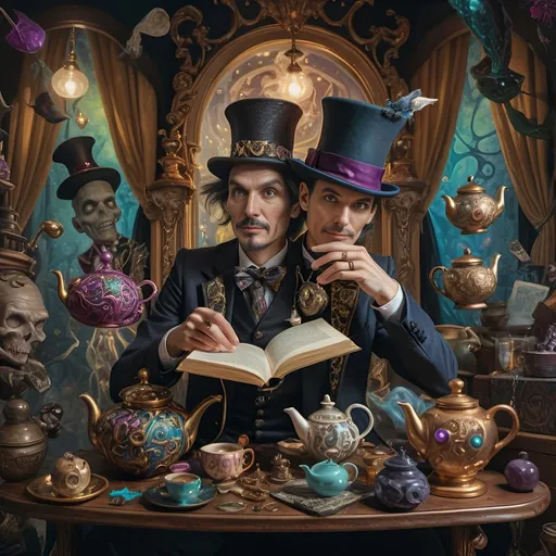 Prompt: (psychedelic still life portrait), a magician jack-in-the-box man, surrounded by (vibrant) teapots and enchanted magical items, items coming to life at a whimsical tea party, an open book exuding shimmering light in front of him, rich jewel tones, swirling patterns, otherworldly atmosphere, 4K, ultra-detailed, dreamlike ambiance.