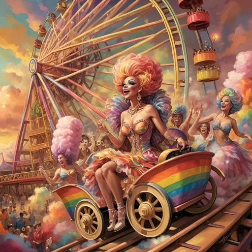 Prompt: (honoring nuit), a mesmerizing painting of colorful drag queens exuding joy and fabulousness while riding a roller coaster, vibrant (rainbow) painted on the side, a whimsical ferris wheel creating a festive atmosphere in the background, whimsical cotton candy clouds, (dynamic movement), warm pastel colors enhancing the lively scene, ultra-detailed, high-quality artwork capturing a celebratory ambiance.