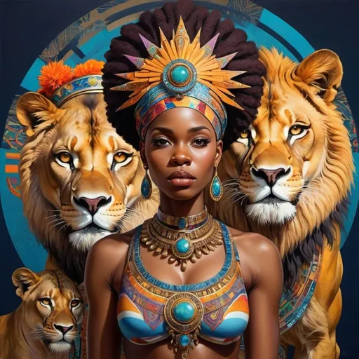 Prompt: (Chinwe Chukwuogo-Roy inspired), highly detailed digital painting, afrofuturism elements, a woman wearing an ornate headpiece, a majestic lion juxtaposed with her face, vibrant colors blending harmoniously, intricate patterns in the background, a detailed map of Africa framed behind, ethereal ambiance, captivating and symbolic, ultra-detailed, fine art masterpiece, evocative and sophisticated atmosphere.