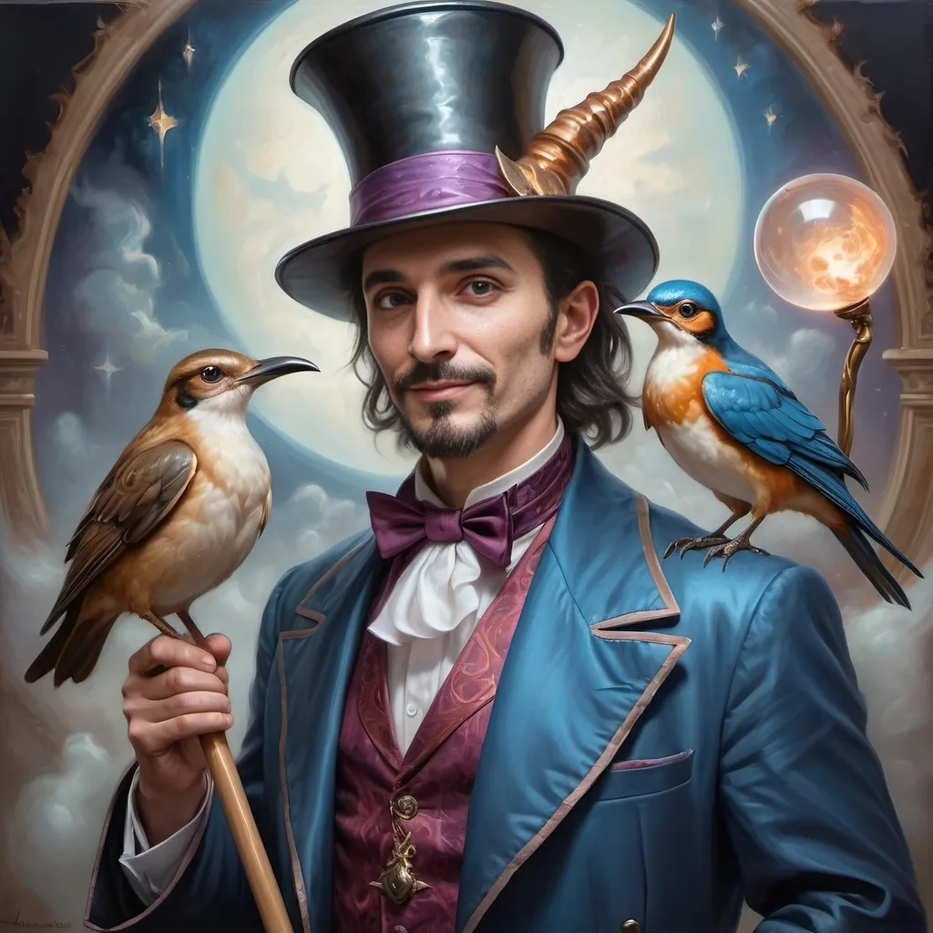 Prompt: A (captivating) oil painting depicting a (mysterious magician) with a (horned head), a (bird perched gracefully on his shoulder), holding a (beautifully crafted cane) and an (orb in his hand), beautifully capturing themes of (fantasy) and (transformation). Character portrait-style, influenced by (Clint Cearley's) signature artistry, with ethereal hues and (vivid detailing) honoring the legendary figures of (Pan and Nuit), set against a dreamy, (surreal background) that evokes wonder.