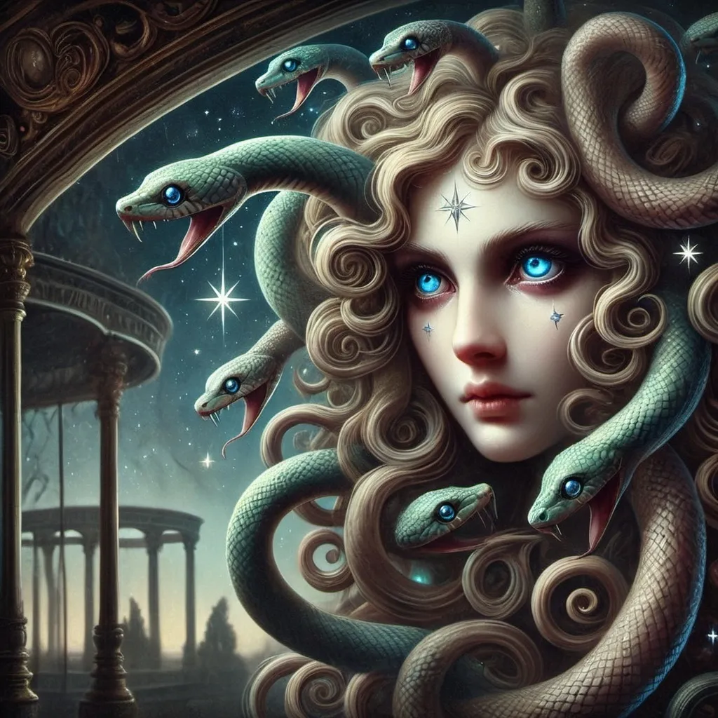 Prompt: a woman with a snake on her head and a snake on her head, with a city in the background, Anna Dittmann, pop surrealism, highly detailed digital painting, a storybook illustration