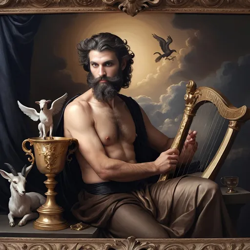 Prompt: (oil painting) Honoring Nuit, a man with a (wisdom-filled beard) holding a harp and a (rich) cup of wine, next to a (gilded golden cup), Ditlev Blunck's artisanal touch, (neoclassical elegance) with (Flemish Baroque influences). The atmosphere reflects reverence and beauty, drenched in (warm, golden tones), evoking the essence of a (divine encounter) that captures a mortal honoring the God Pan. Ultra-detailed, quintessential classical painting.