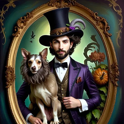 Prompt: (honoring Nuit), moon and stars) captivating handsome man magician, pointed witch hat, facial features highlighted, elegant beard, (renaissance baroque painting style), dark mystical background, rich deep colors with dramatic contrast, elements of Halloween celebration in still life arrangement, enigmatic ambiance, intricate shadows and light, (highly detailed), evoking intrigue and enchantment.