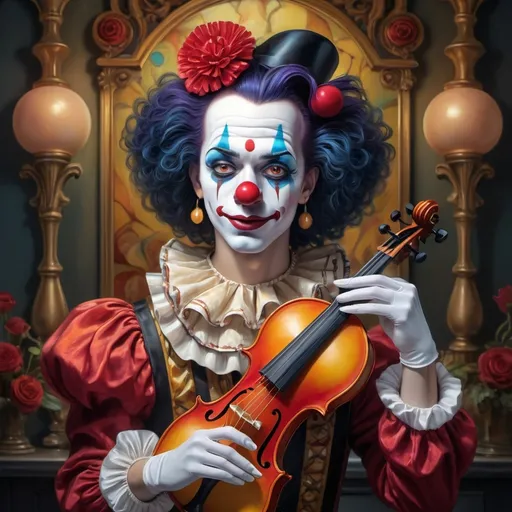 Prompt: (art nouveau style), (vibrant color scheme), clown with a violin in hand, clown face makeup, in front of a mirror, inspired by Anne Stokes, (pop surrealism), highly detailed, (oil painting), fine art painting, intricate patterns, whimsical atmosphere, dramatic lighting, rich textures, ornate background elements, captivating expression, enchanting portrayal, 4K, ultra-detailed.