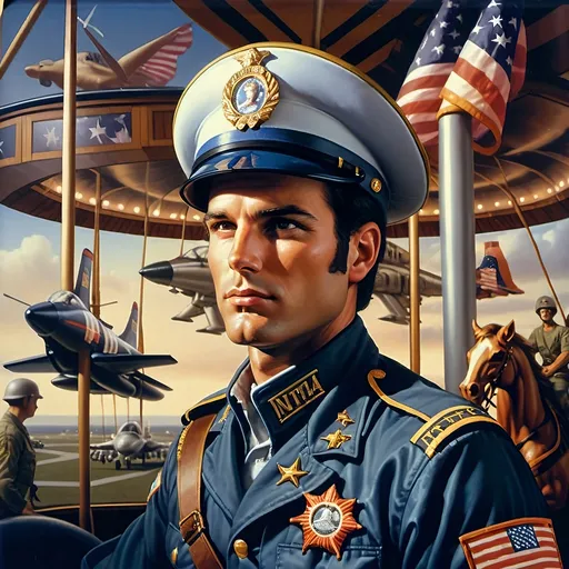 Prompt: A Seven Wonders Art Glass Studio oil renaissance painting of a man in military uniform riding on Carousel of Heroes.  Honors veterans and those serving in U.S. Military.  Honoring Nuit.  