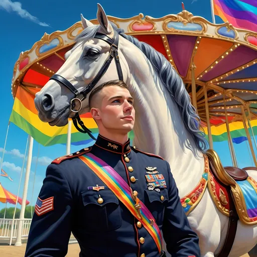 Prompt: Gay Marine man in uniform, standing proudly, (vivid colors), carousel of dreams in the background, whimsical atmosphere, a majestic horse alongside, (rainbow flag) fluttering brightly, emotional expression of confidence and hope, intricate details in uniform and carousel, (aesthetically pleasing composition), (photorealism), (ultra-detailed), highly detailed digital painting, invoking a sense of pride and joy.