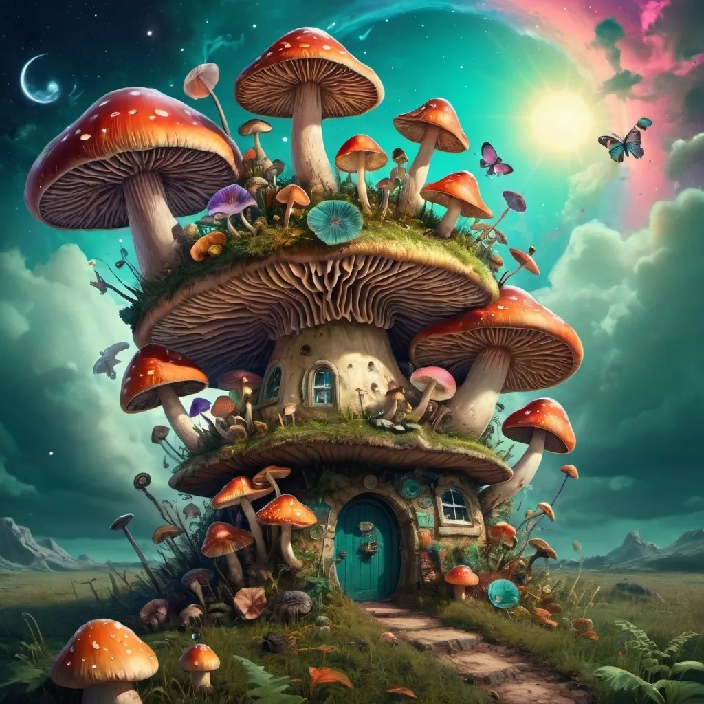 Prompt: a mushroom with a lot of different things around it in the sky and on the ground, all around it, Art Green, psychedelic art, fantasy artwork, digital art