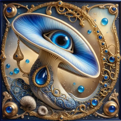 Prompt: a 7 Wonders Art Glass Studio masterpiece oil painting (honoring Nuit) of a magical mushroom with a blue shell and a blue eye on it's face (Eye of Horus)