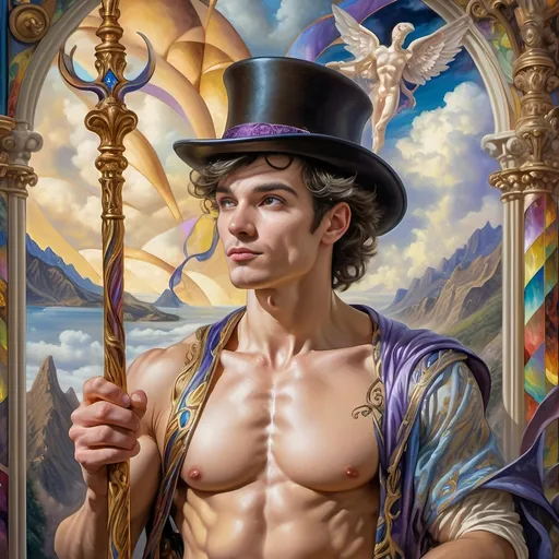 Prompt: (A psychedelic oil painting) of a magician, (a man with a top hat and cane), vivid color palette, enchanting scene, intricate stained glass window behind him, whimsical patterns, surreal atmosphere, mystic aura, high contrast lighting, art reflecting the imaginative essence of seven wonders, (ultra-detailed), captivating and dreamlike ambiance.