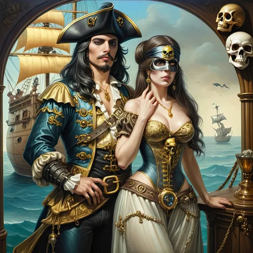 Prompt: A 7 Wonders Art Glass Studio Renaissance oil painted masterpiece (Honoring Nuit) of a pirate man and lover dressed in pirate costume of the period if Conquistadors standing next to each other in front of a ship with a skull, David Macaulay, fantasy art, highly detailed oil painting, an oil painting