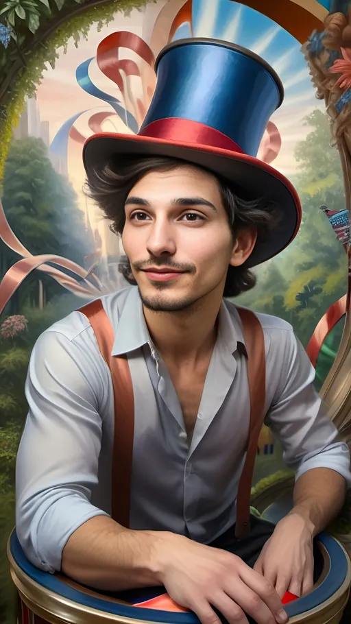 Prompt: Art Deco style, (vibrant color scheme), Renaissance oil painting, (ultra-detailed), (character portrait) of a Magician transforming into a Satyr, lush Arcadia setting, surrounded by abundant lush greenery, delicate flowers, soft sunlight filtering through trees, dreamlike atmosphere, enchanting and whimsical vibe, intricate details in expression and pose, capturing magical transformation moment.