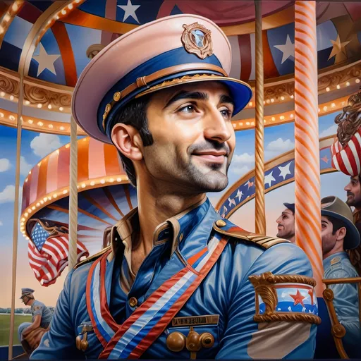 Prompt: (A masterpiece oil painting) of a man in (military uniform), riding the (Carousel of Heroes), vibrant colors highlighting the ornate design of the carousel. The scene is filled with a (nostalgic atmosphere), paying homage to (veterans and active military). Whispering elements of (honor) and (courage) are present, with artistic flourishes emphasizing the essence of (Nuit). The overall feel is (dramatic) and uplifting, portraying both valor and beauty in high definition.