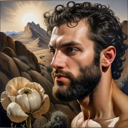 Prompt: A Seven Wonders Art Glass Studio portrait oil painting of a man with a beard in middle of Mojave Desert peak Poppy bloom season. Honoring Nuit