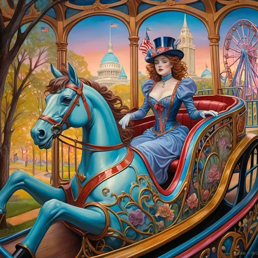 Prompt: (Renaissance oil on canvas), (Art Nouveau style), (pastel color scheme), enchanting amusement park titled “Liberty Park” in D.C., magical and whimsical atmosphere, intricate fine details, vibrant rides themed around Americana and patriotism, spectacular stained glass roller coaster, woman magician in a striking mask, elegantly poised in the first car, dreamy surroundings, enchanting woods in the background, (ultra-detailed, HD).