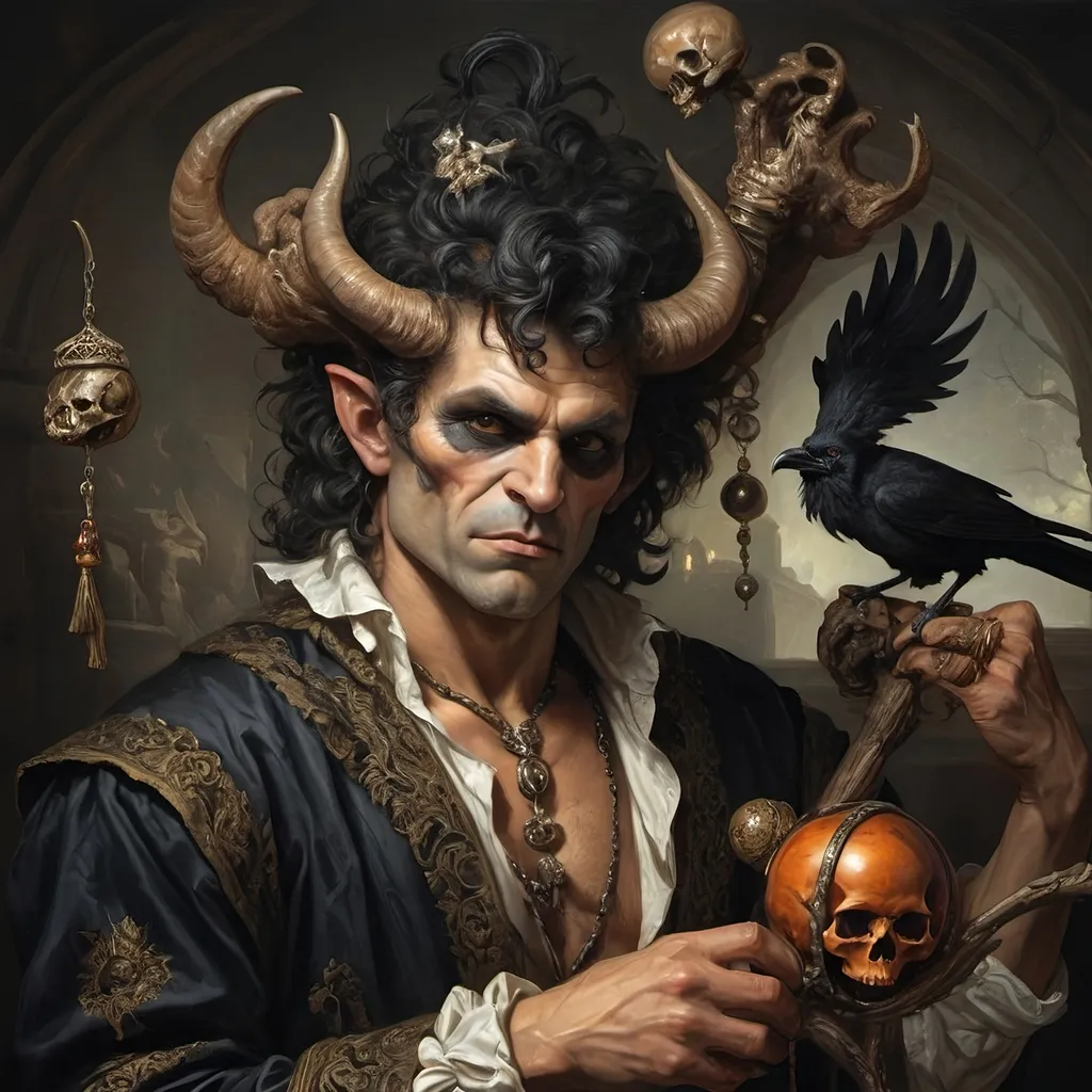 Prompt: (Renaissance still life) (man magician satyr), (dark color scheme), (elegant pose), intricately detailed horns, holding a cane topped with a (skull orb), a menacing (skull orc) at his side, a (crow) gracefully perched on his shoulder, rich textures, captivating shadows, high contrast highlights, evoking a sense of mystical allure, enhanced with (ultra-detailed) features, atmospheric depth and somber elegance.